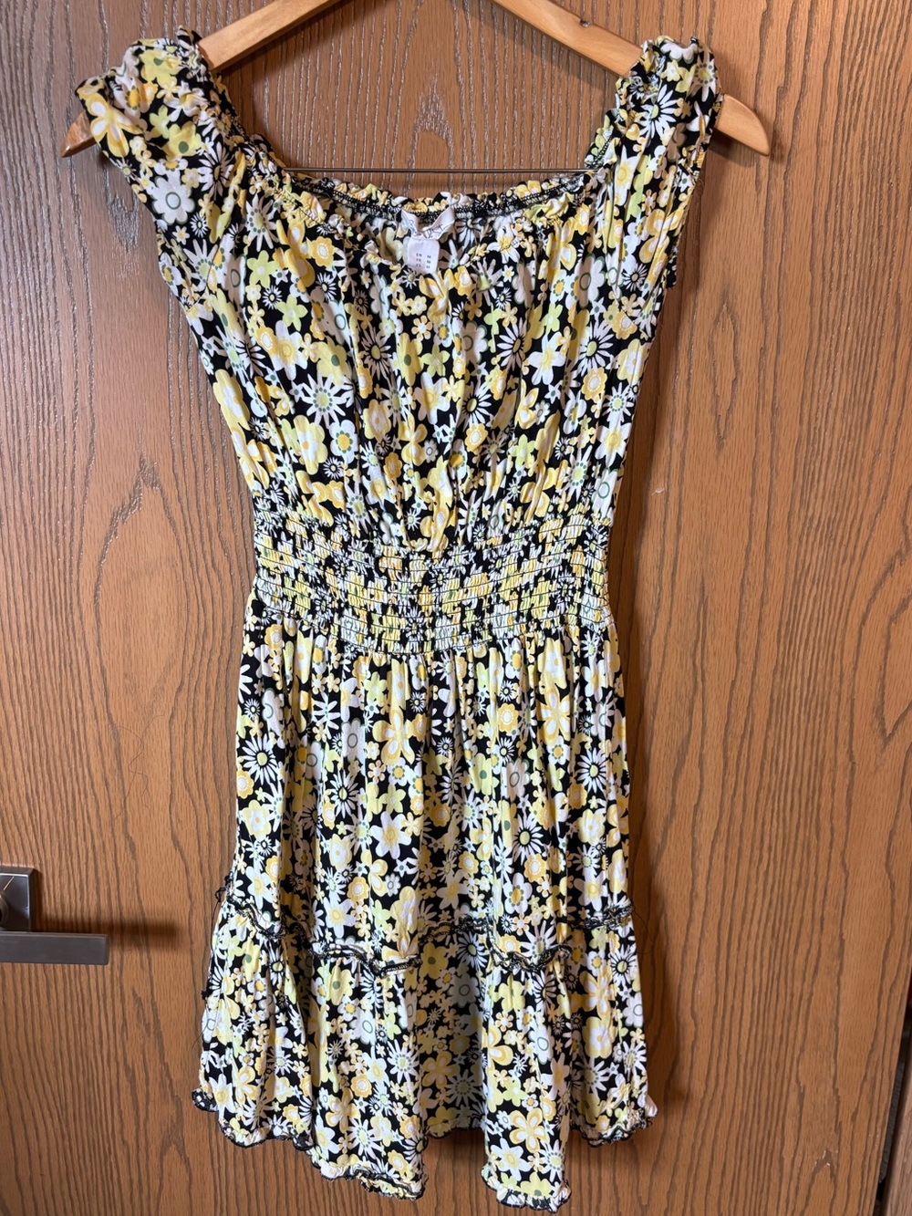 Floral Smocked Mini Dress in Black, white and Yellow